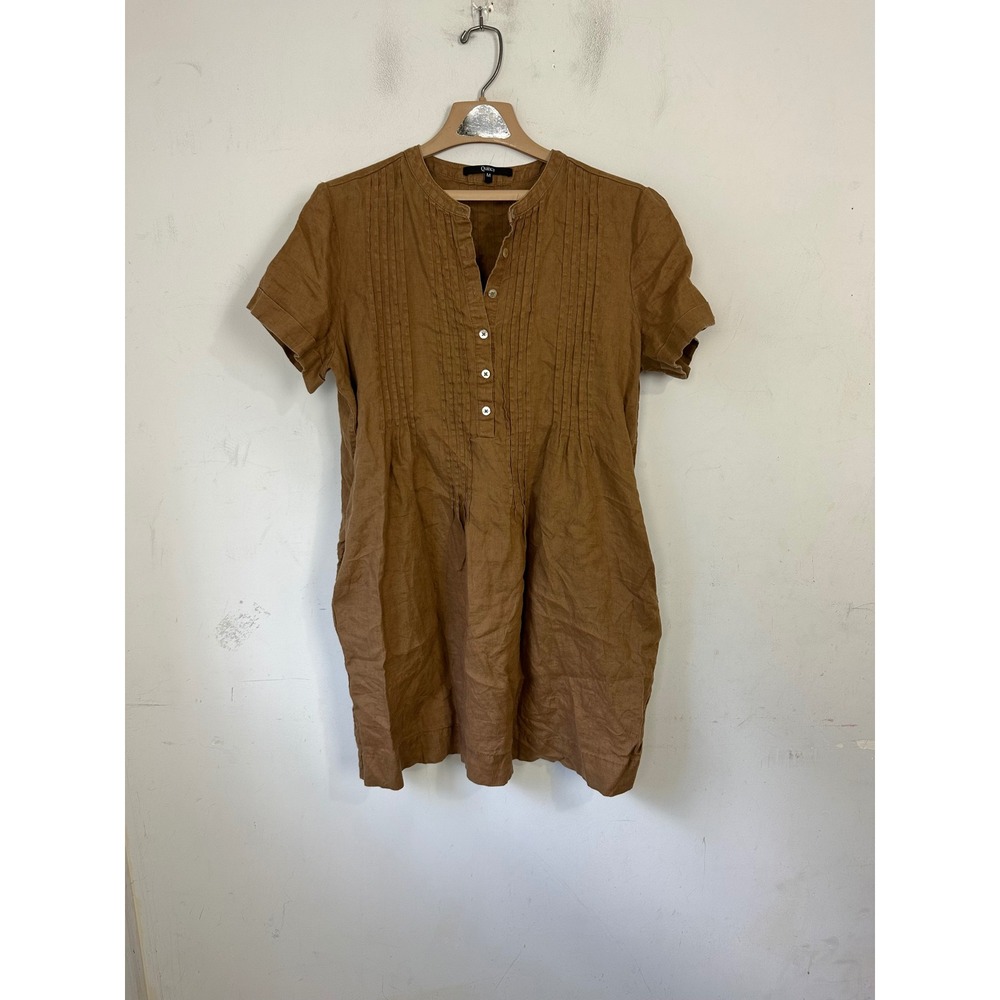 Quince European Linen Pintuck Henley Dress Brown Short Sleeve Mini Size M